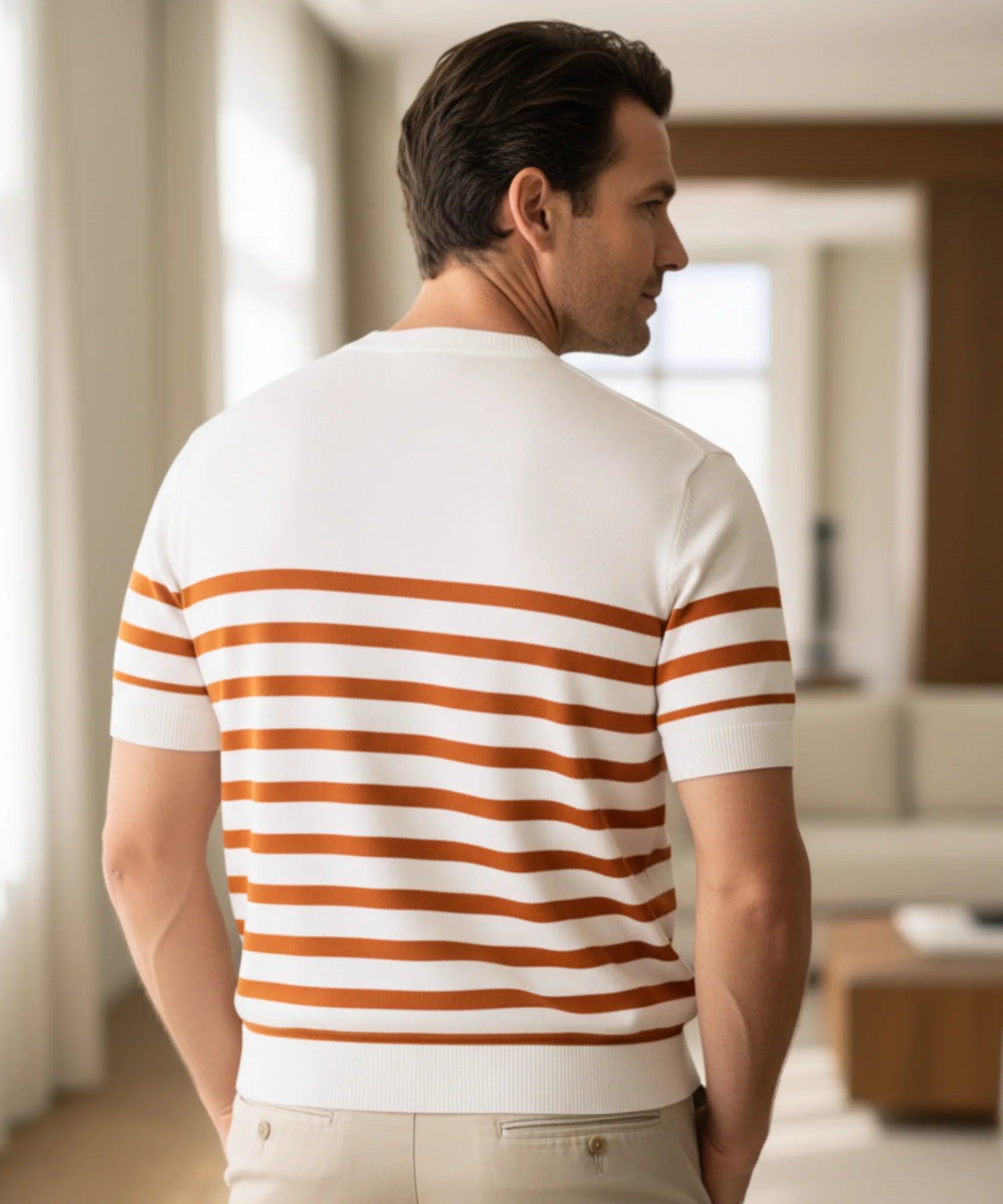 Comprar blusa masculina listrada malha canelada manga curta elegante casual barato ou em promoção