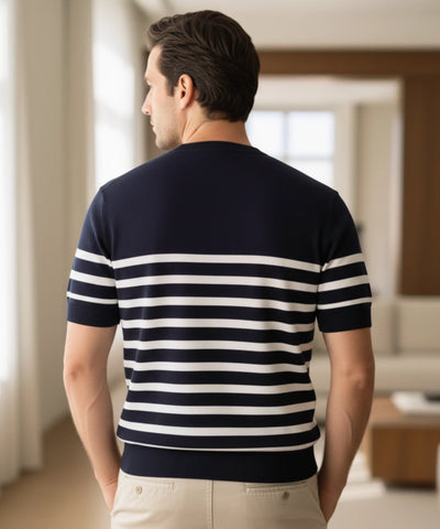 Comprar blusa masculina listrada malha canelada manga curta elegante casual barato ou em promoção