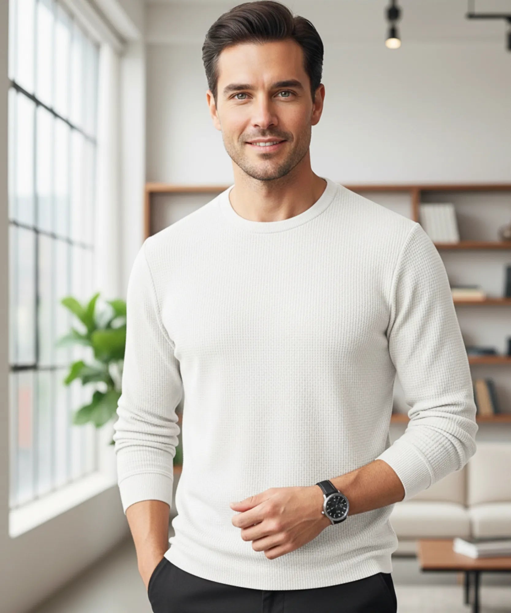 Comprar blusa masculina manga longa em malha waffle, confortável e com caimento impecável para looks casuais e modernos ANELLIMN