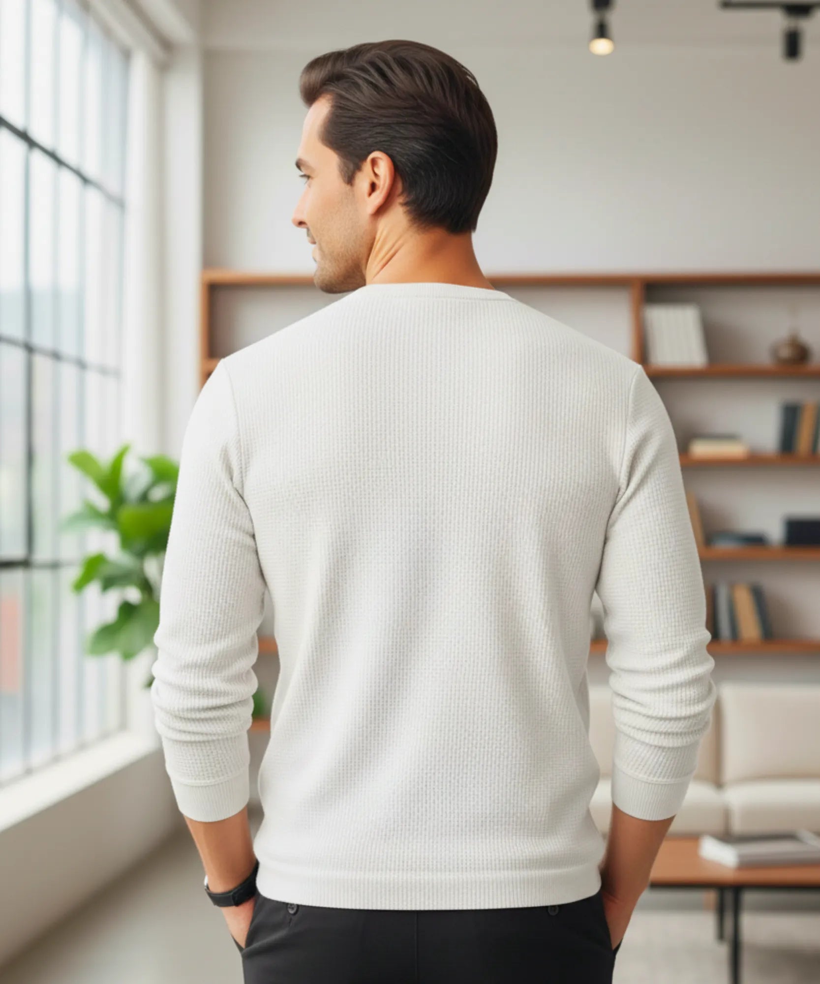 Comprar blusa masculina manga longa em malha waffle, confortável e com caimento impecável para looks casuais e modernos ANELLIMN