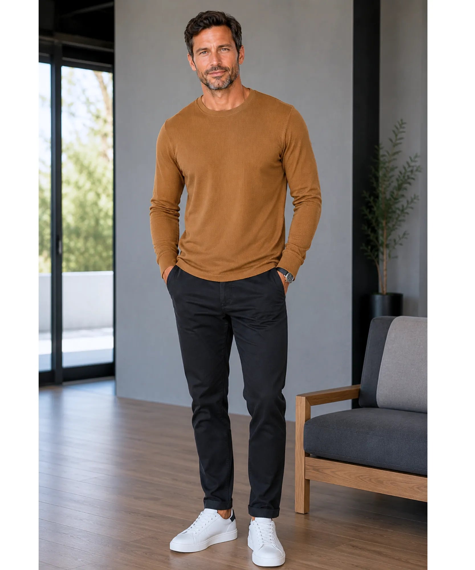 Comprar blusa masculina manga longa em malha waffle, confortável e com caimento impecável para looks casuais e modernos em promoção ANELLIMN