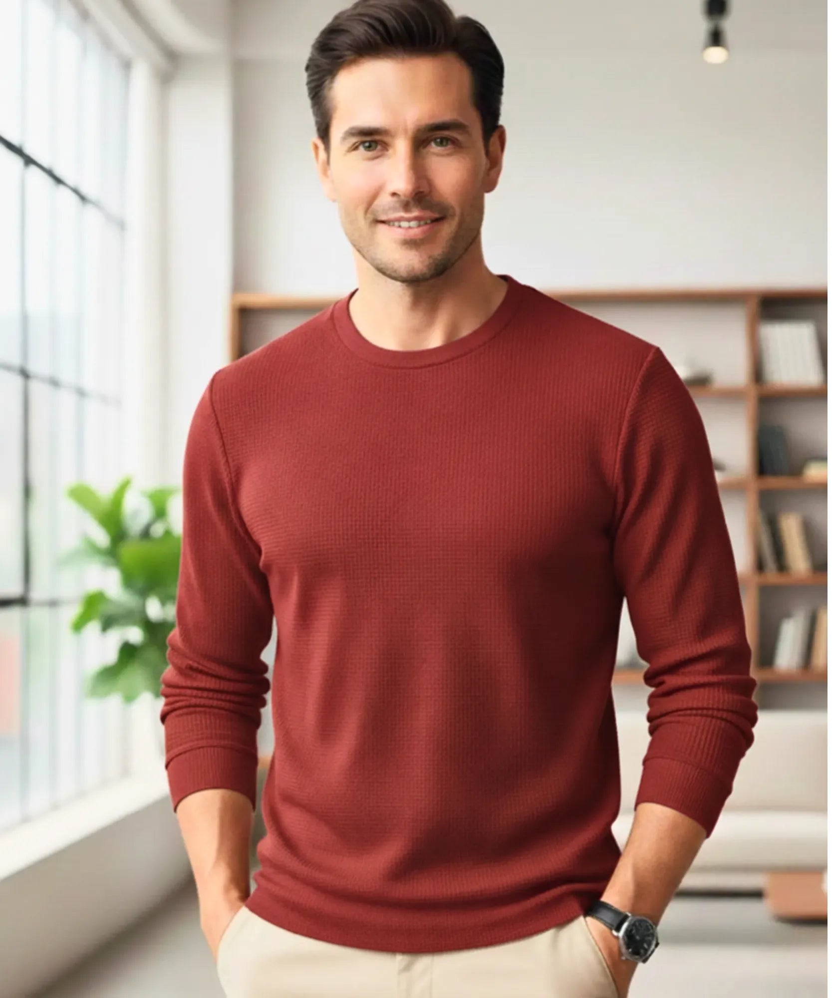 Comprar blusa masculina manga longa em malha waffle, confortável e com caimento impecável para looks casuais e modernos ANELLIMN