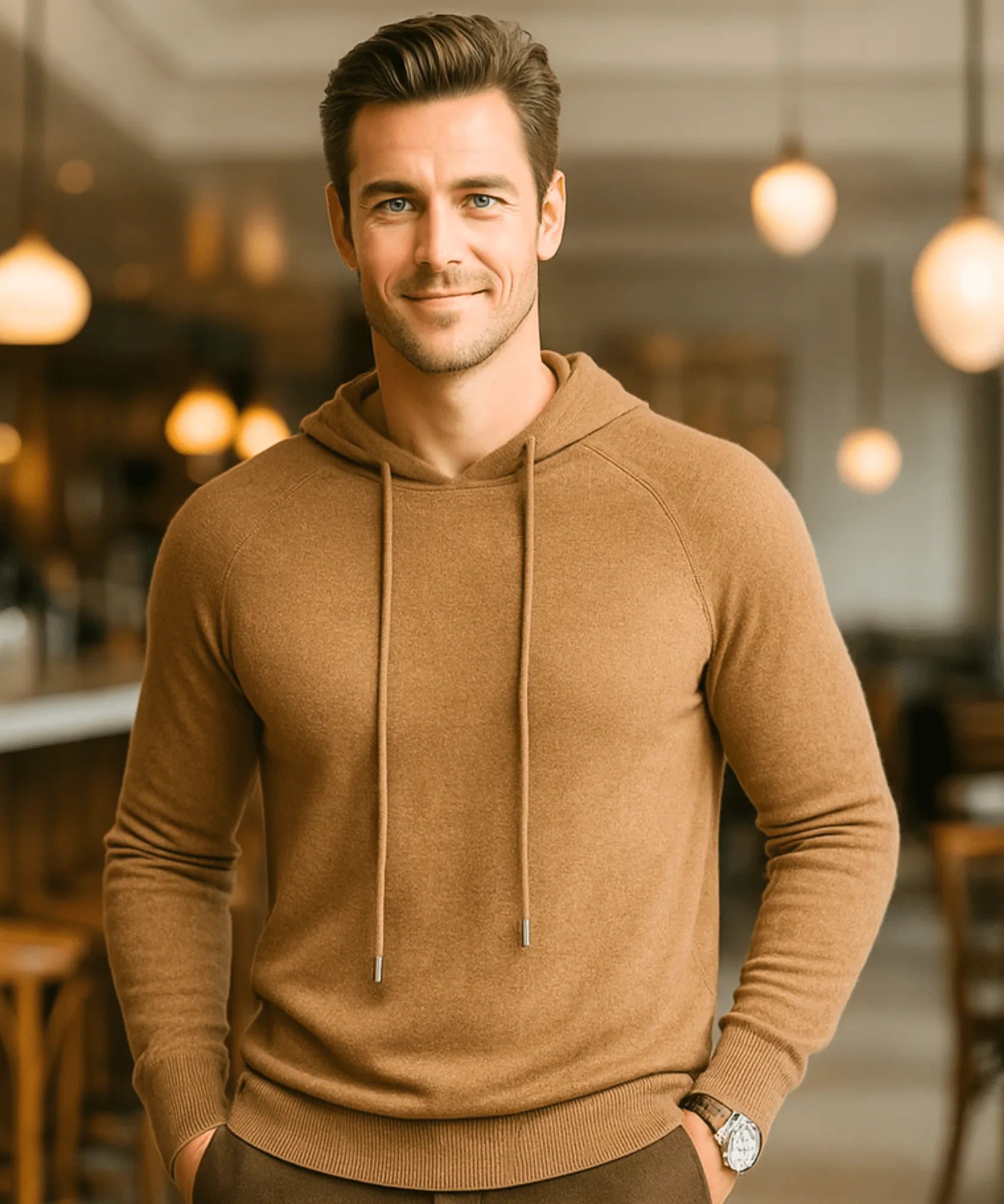 Comprar blusa masculina tricot capuz marrom algodão confortável inverno casual moderna em promoção ZARA