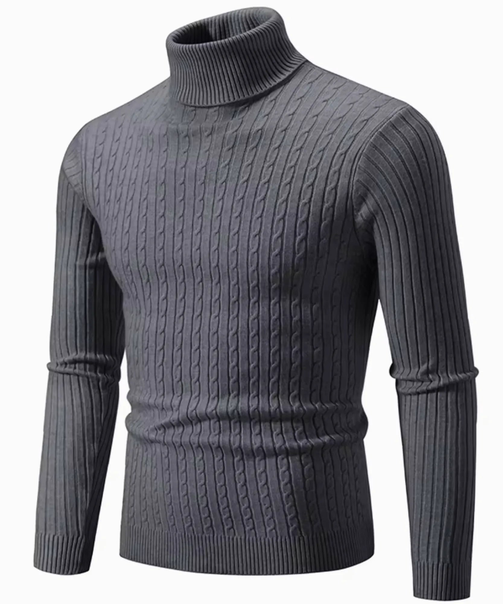Detalhe do tricot da blusa masculina gola alta cinza escuro