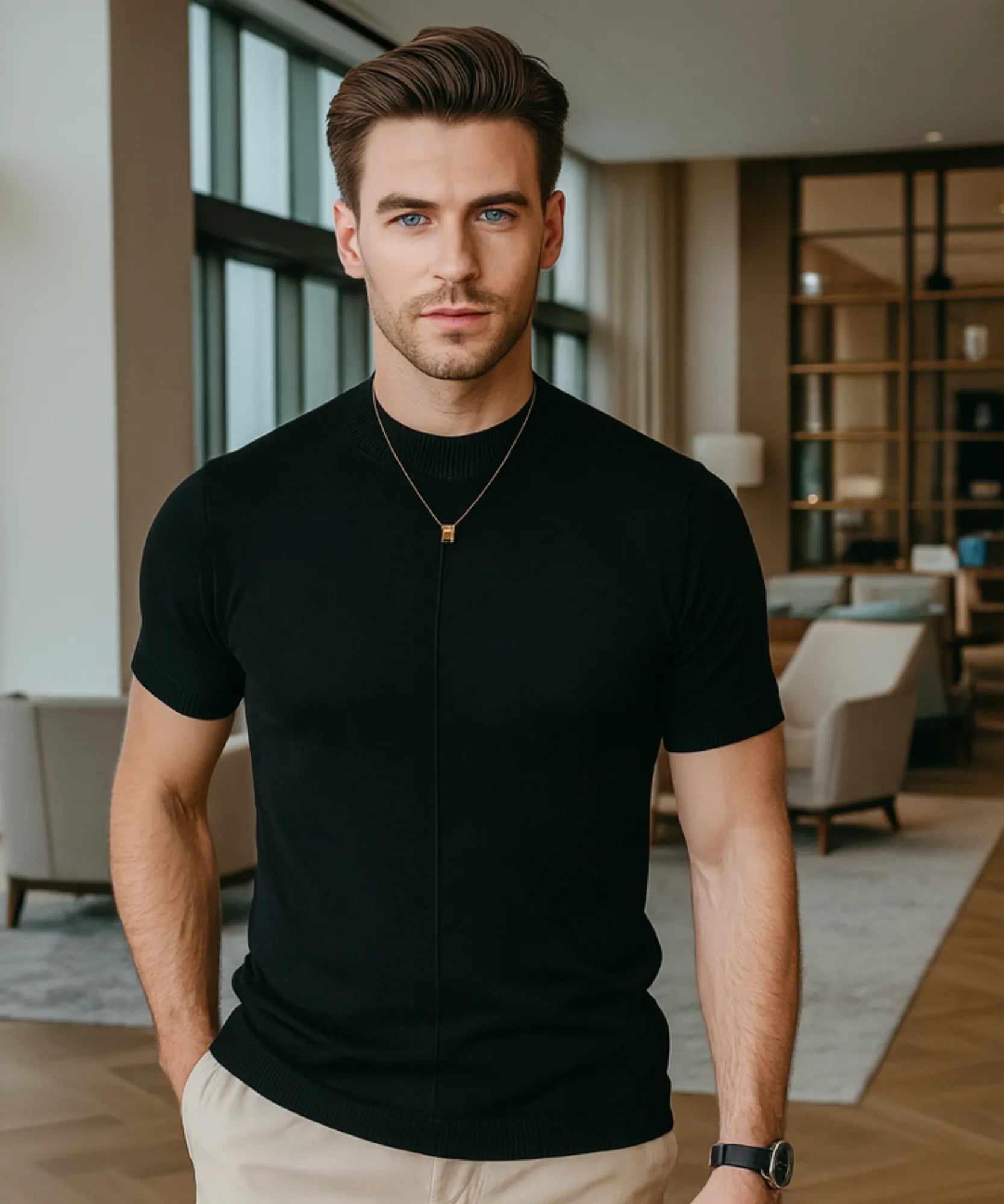 Comprar blusa masculina tricot gola alta preto slim premium conforto casual elegante manga curta barato promoção ZARA
