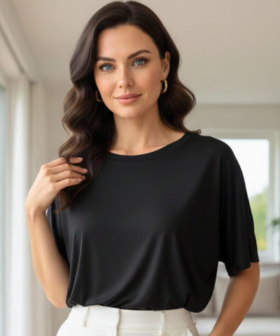 Comprar blusa oversized feminina preto básica manga curta malha macia casual confortável dia a dia trabalho em promoção ANELLIMN