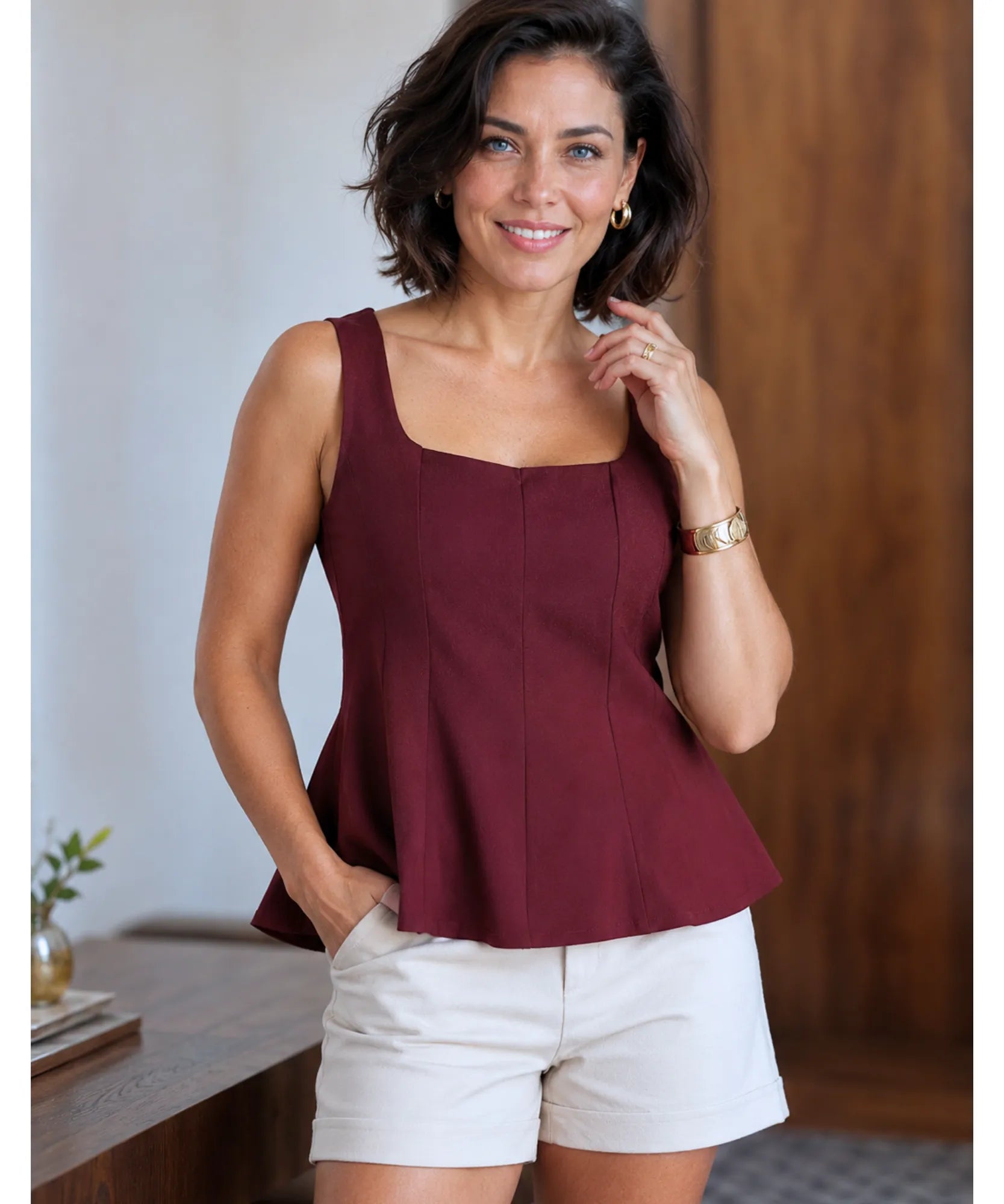 Comprar blusa peplum feminina vinho look de trabalho em promoção Anellimn