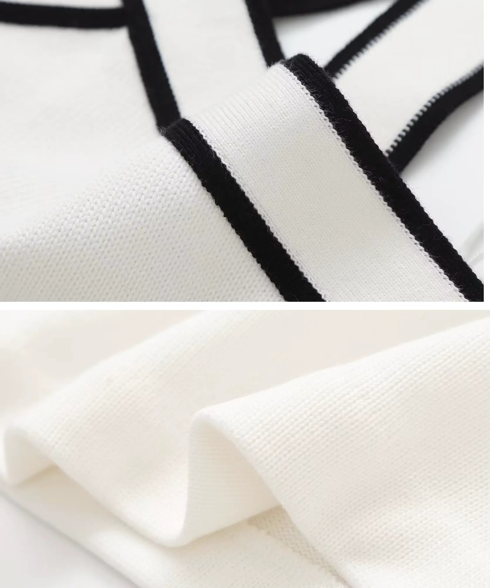 Textura da malha lisa estruturada da blusa regata feminina branca com viés preto