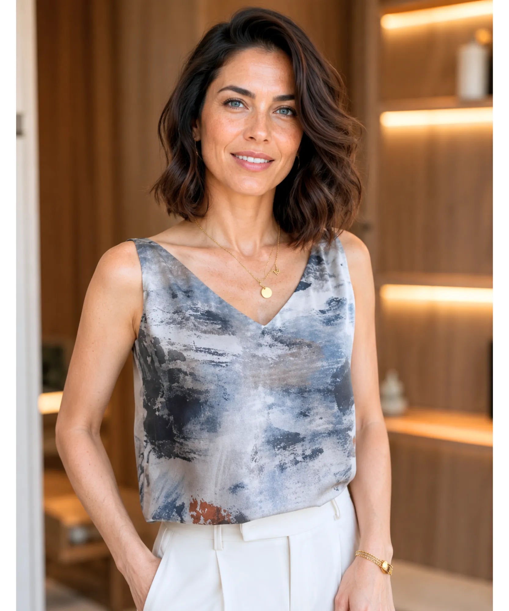 Comprar blusa regata feminina cetim estampa aquarela decote V alças ajustáveis elegante barato ANELLIMN