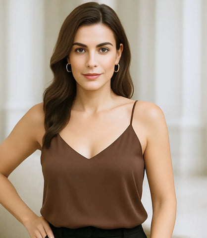 Comprar blusa regata feminina de cetim marrom social para looks elegantes ou casuais executivos em promoção ZARA

