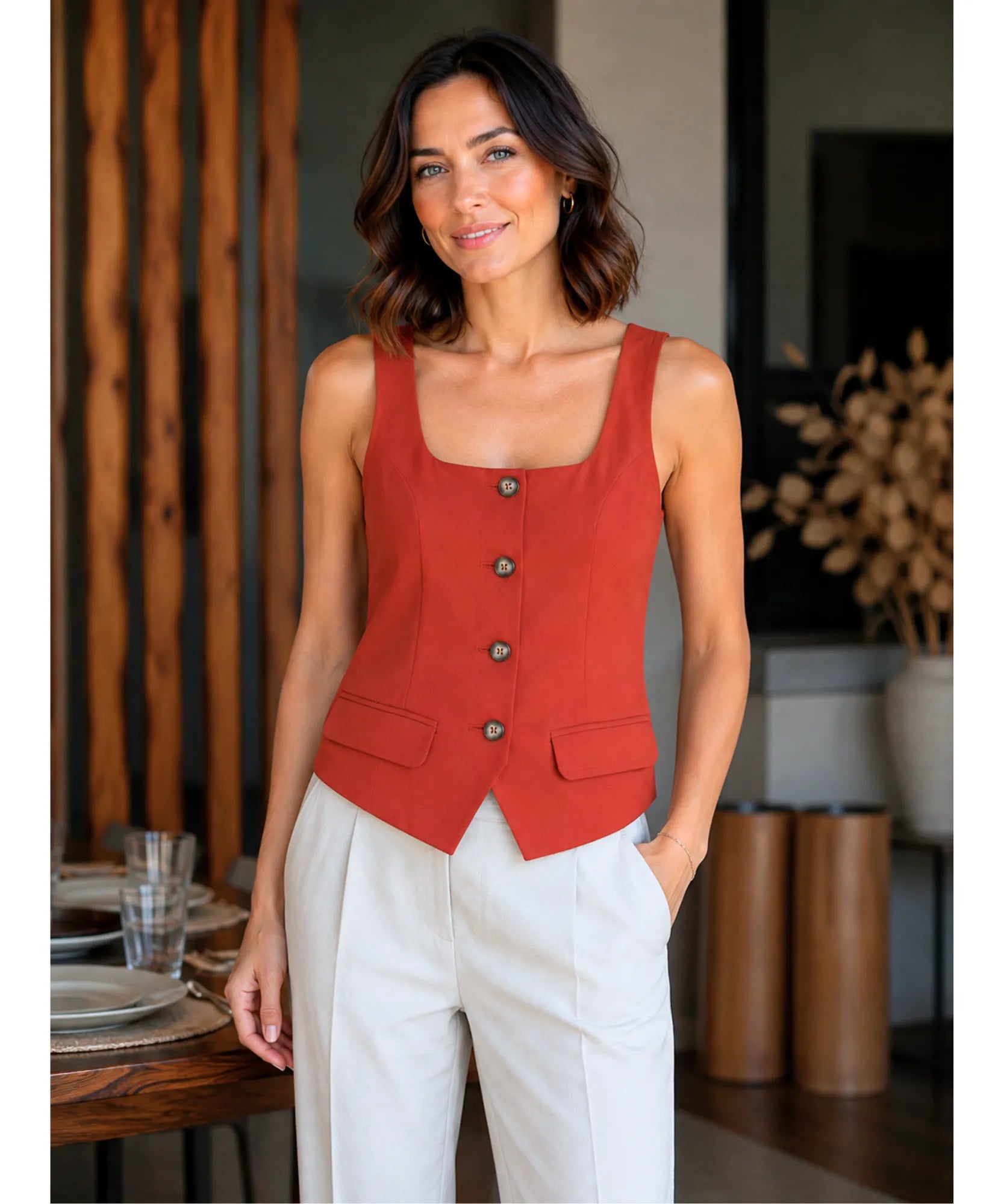 Comprar blusa regata feminina colete social alfaiataria botões elegante executiva trabalho decote quadrado barato ANELLIMN