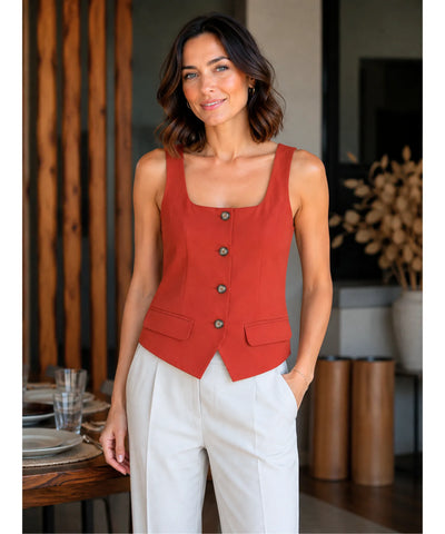Comprar blusa regata feminina colete social alfaiataria botões elegante executiva trabalho decote quadrado barato ANELLIMN