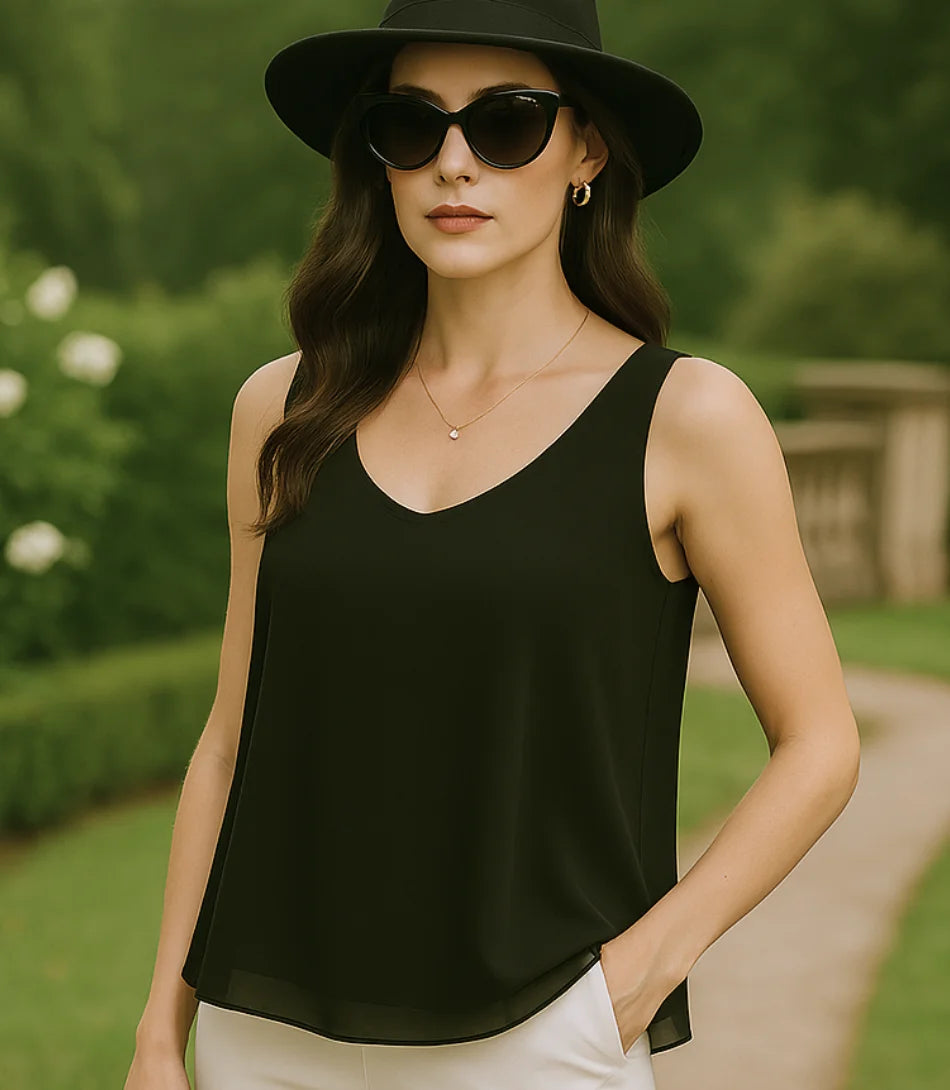Comprar blusa regata feminina social preta em chiffon elegante para trabalho ou dia a dia barato ANELLIMN

