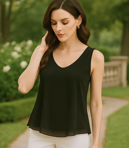 Comprar blusa regata feminina social preta em chiffon elegante para trabalho ou dia a dia barato ANELLIMN
