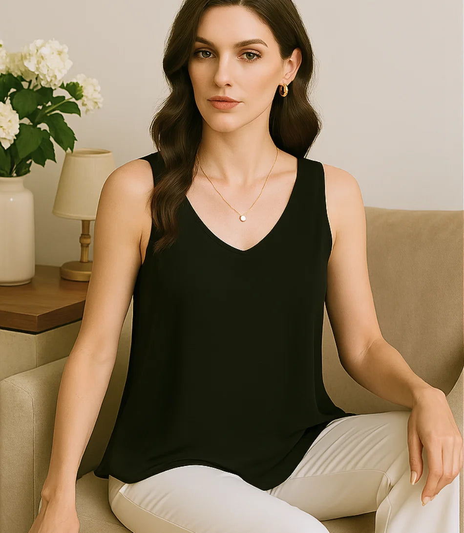 Comprar blusa regata feminina social preta em chiffon elegante para trabalho ou dia a dia barato ANELLIMN
