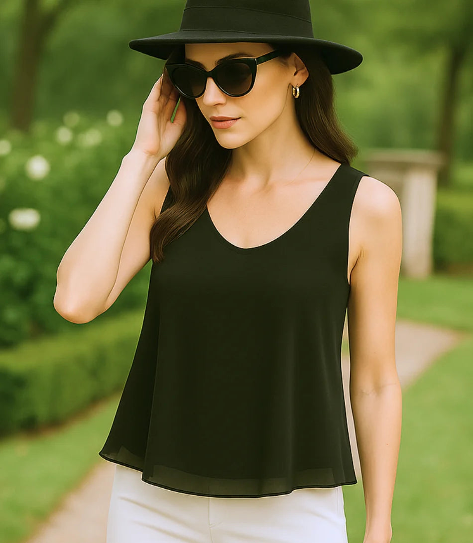 Comprar blusa regata feminina social preta em chiffon elegante para trabalho ou dia a dia barato ANELLIMN
