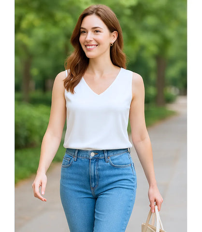 Blusa Regata Feminina Social com Decote V Cetim | Caca