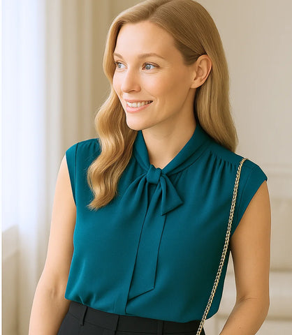 Comprar blusa social feminina em cetim seda azul com laço gola gravata elegante para trabalho e dia a dia em promoção ZARA

