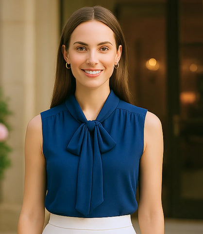 Comprar blusa social feminina em cetim seda azul com laço gola gravata elegante para trabalho e dia a dia em promoção ZARA

