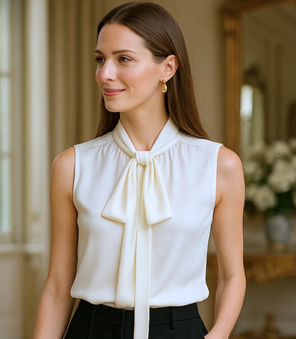 Comprar blusa social feminina em cetim seda branco com laço gola gravata elegante para trabalho e dia a dia em promoção ZARA

