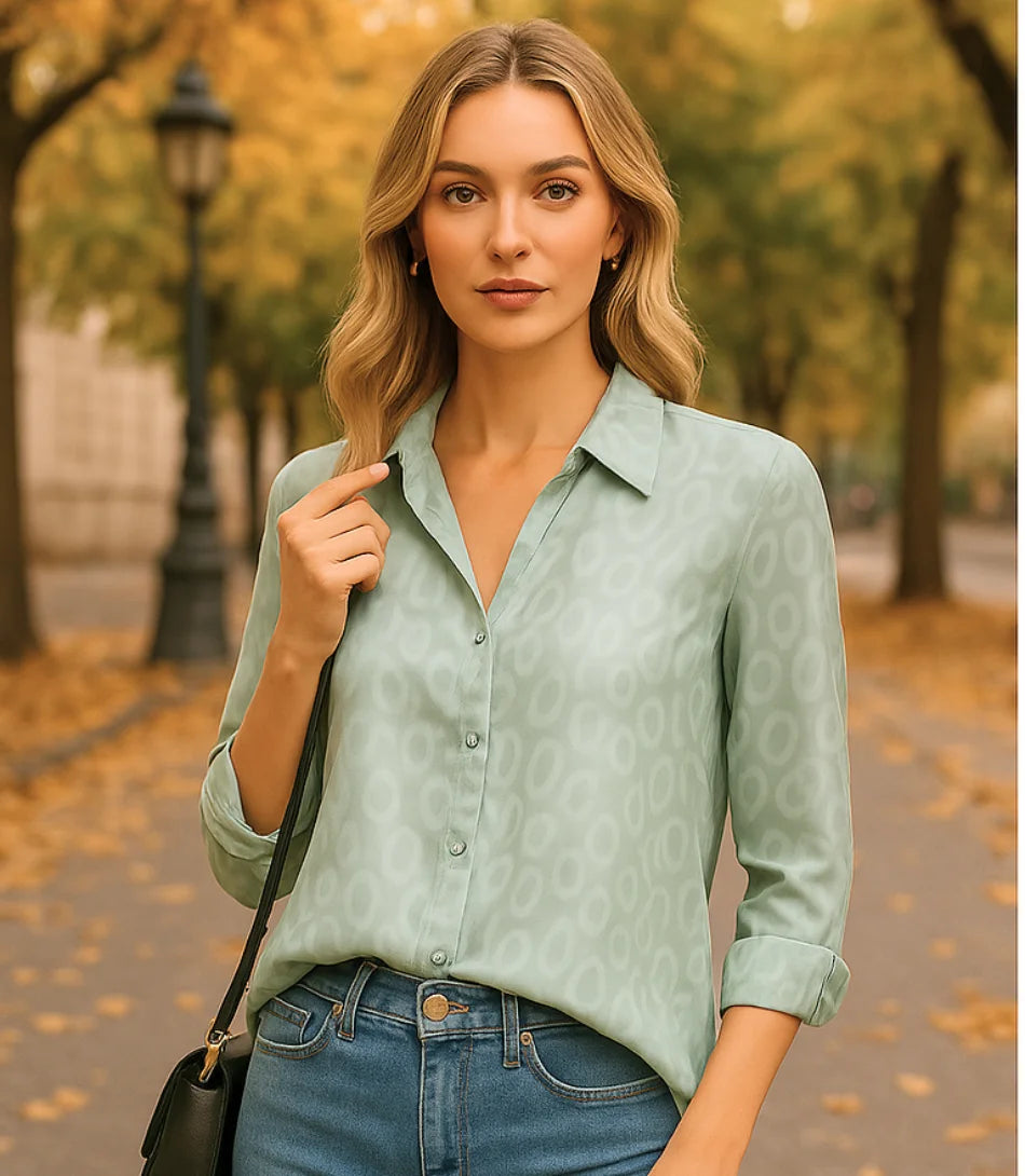 Comprar blusa social feminina em cetim seda verde para escritório, reuniões e looks casuais refinados em promoção ZARA

