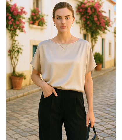 Comprar blusa social feminina de cetim champagner com brilho para ocasiões elegantes ou trabalho em promoção ZARA
