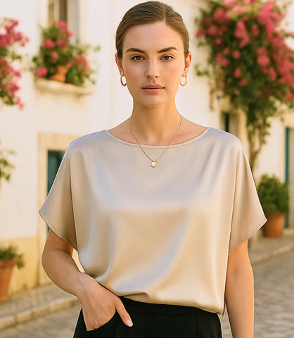 Comprar blusa social feminina de cetim champagne com brilho para ocasiões elegantes ou trabalho em promoção ZARA
