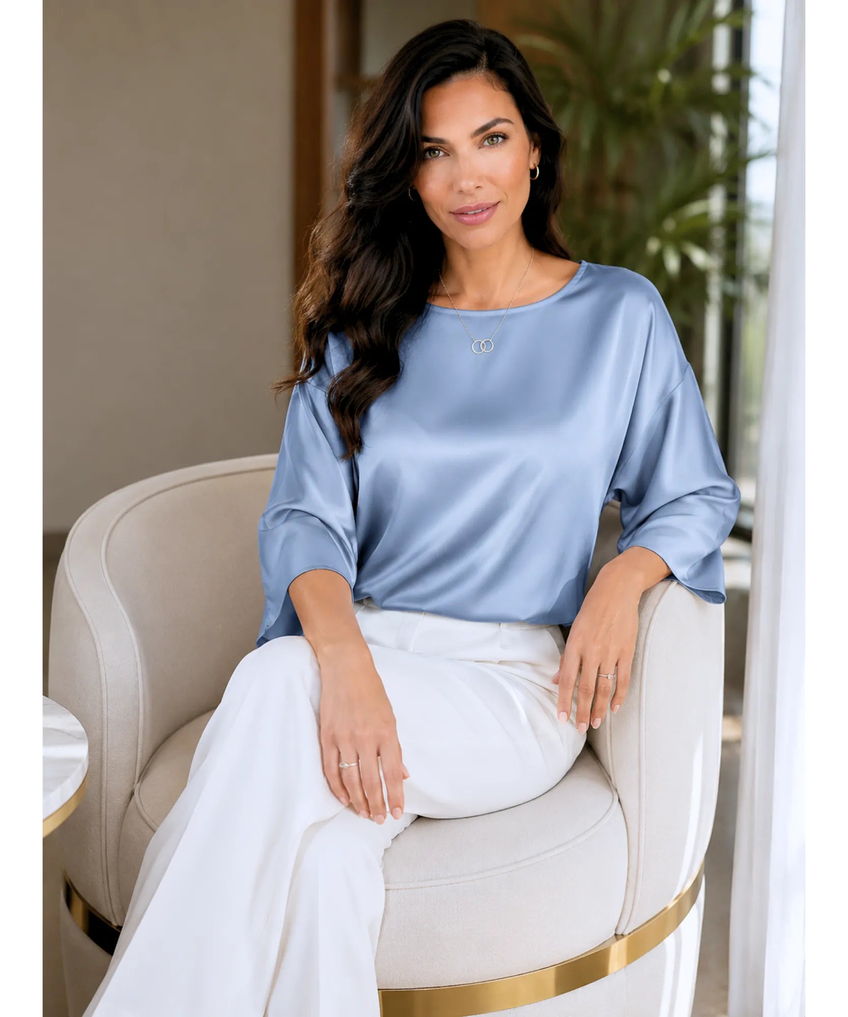Comprar blusa social feminina em cetim com manga ampla elegante para trabalho ou eventos barata em promoção ANELLIMN