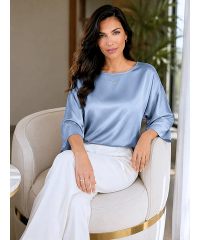 Comprar blusa social feminina em cetim com manga ampla elegante para trabalho ou eventos barata em promoção ANELLIMN
