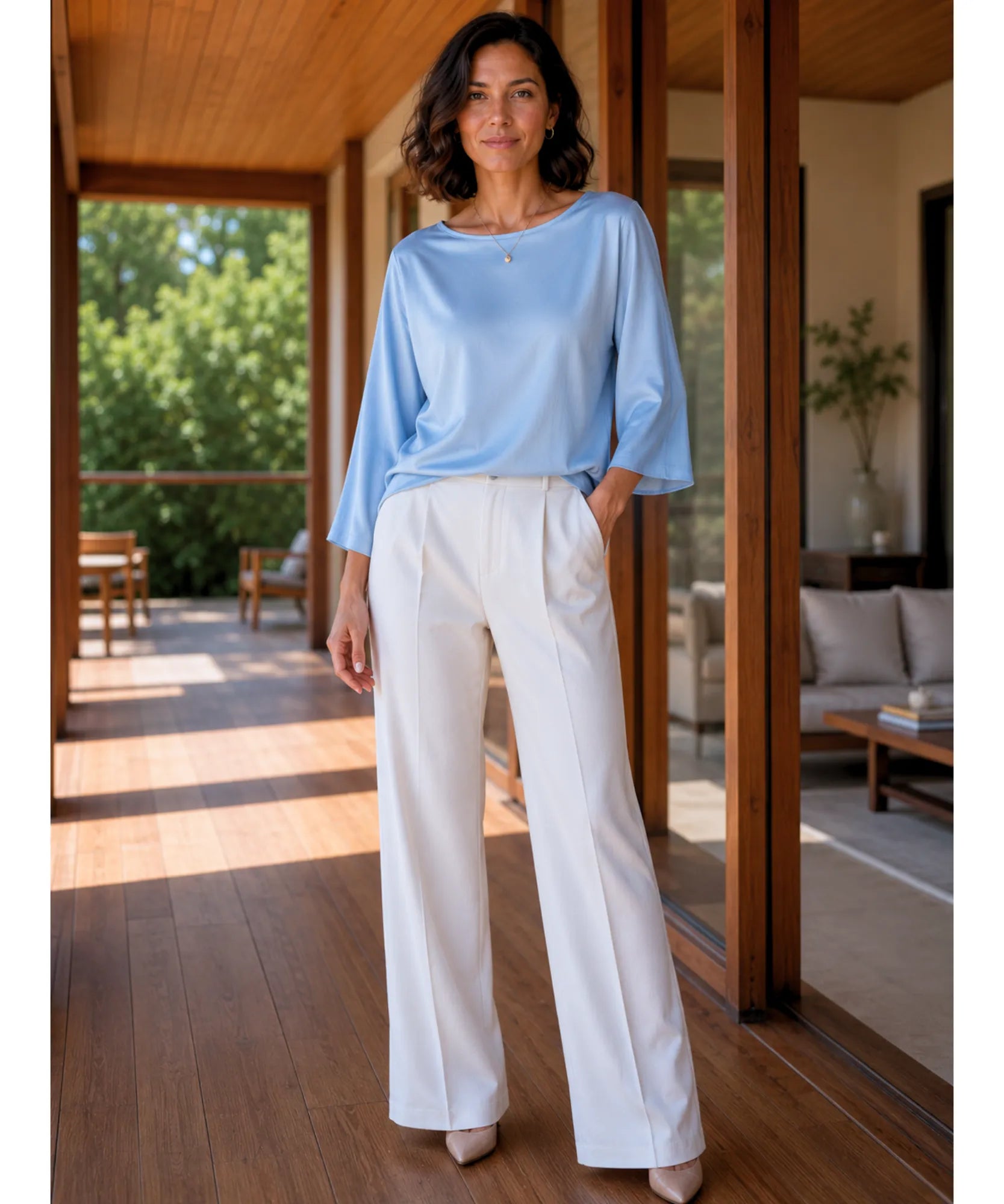 Comprar blusa social feminina em cetim com manga ampla elegante para trabalho ou eventos barata em promoção ANELLIMN