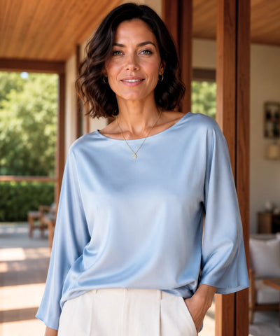 Comprar blusa social feminina em cetim com manga ampla elegante para trabalho ou eventos barata em promoção ANELLIMN