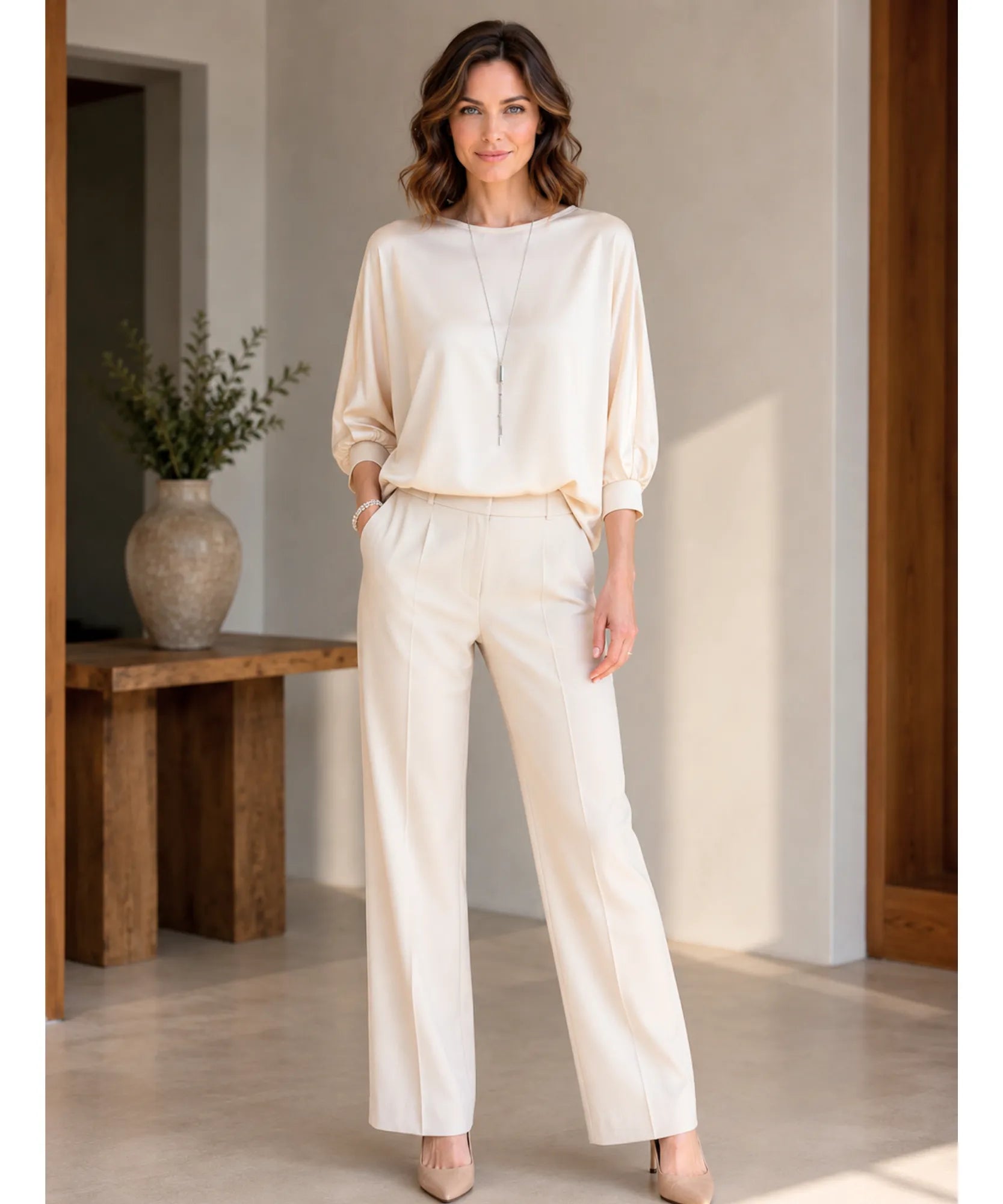 Comprar blusa social feminina cetim com manga 3/4 elegante e versátil para looks sofisticados ou ambiente profissional em promoção ANELLIMN