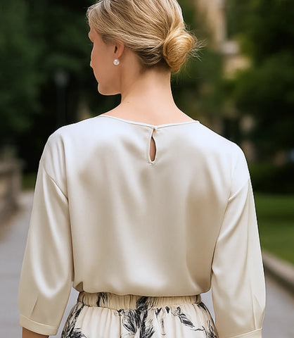 Comprar blusa social feminina cetim  champagne com manga 3/4 elegante e versátil para looks sofisticados ou ambiente profissional em promoção ANELLIMN
