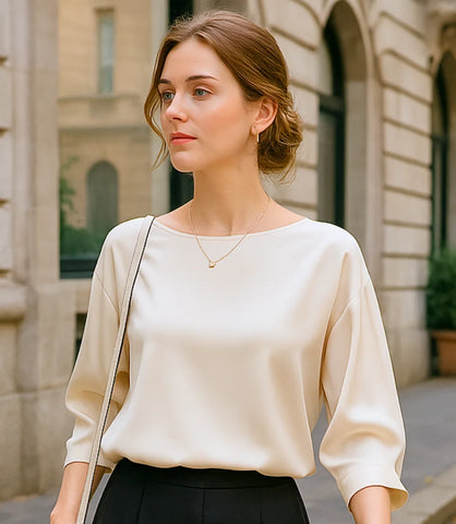 Comprar blusa social feminina cetim  nude apricot com manga 3/4 elegante e versátil para looks sofisticados ou ambiente profissional em promoção ANELLIMN
