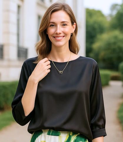 Comprar blusa social feminina cetim preto com manga 3/4 elegante e versátil para looks sofisticados ou ambiente profissional em promoção ANELLIMN

