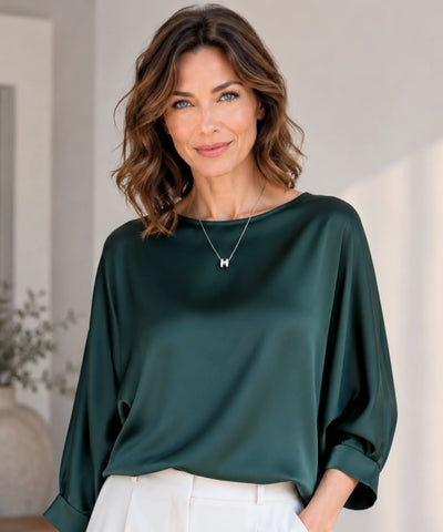Comprar blusa social feminina cetim com manga 3/4 elegante e versátil para looks sofisticados ou ambiente profissional em promoção ANELLIMN