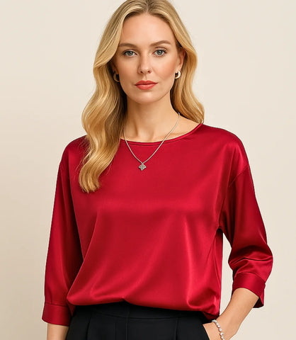Comprar blusa social feminina cetim  verde com manga 3/4 elegante e versátil para looks sofisticados ou ambiente profissional em promoção ANELLIMN
