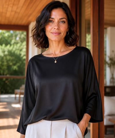 Comprar blusa social feminina em cetim com manga ampla elegante para trabalho ou eventos barata em promoção ANELLIMN