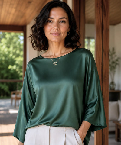 Comprar blusa social feminina em cetim com manga ampla elegante para trabalho ou eventos barata em promoção ANELLIMN