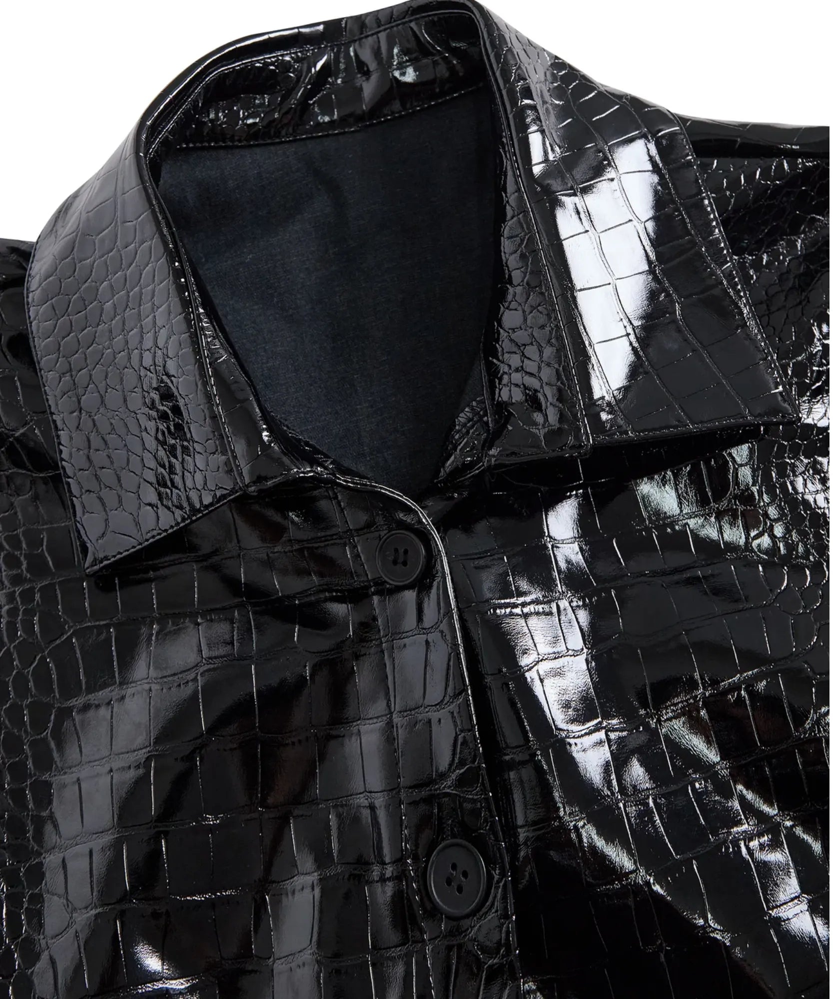 Comprar blusa social feminina couro ecológico textura croco manga longa estruturada elegante preta barato em promoção ANELLIMN