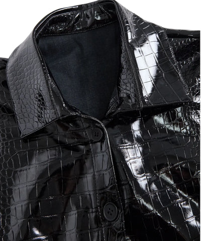 Comprar blusa social feminina couro ecológico textura croco manga longa estruturada elegante preta barato em promoção ANELLIMN
