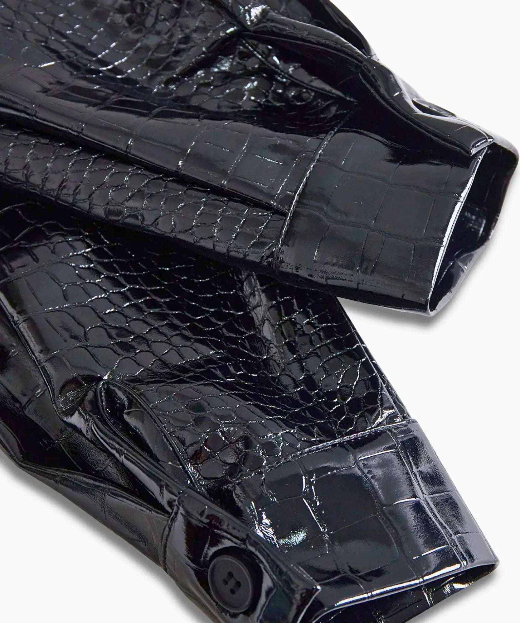 Comprar blusa social feminina couro ecológico textura croco manga longa estruturada elegante preta barato em promoção ANELLIMN