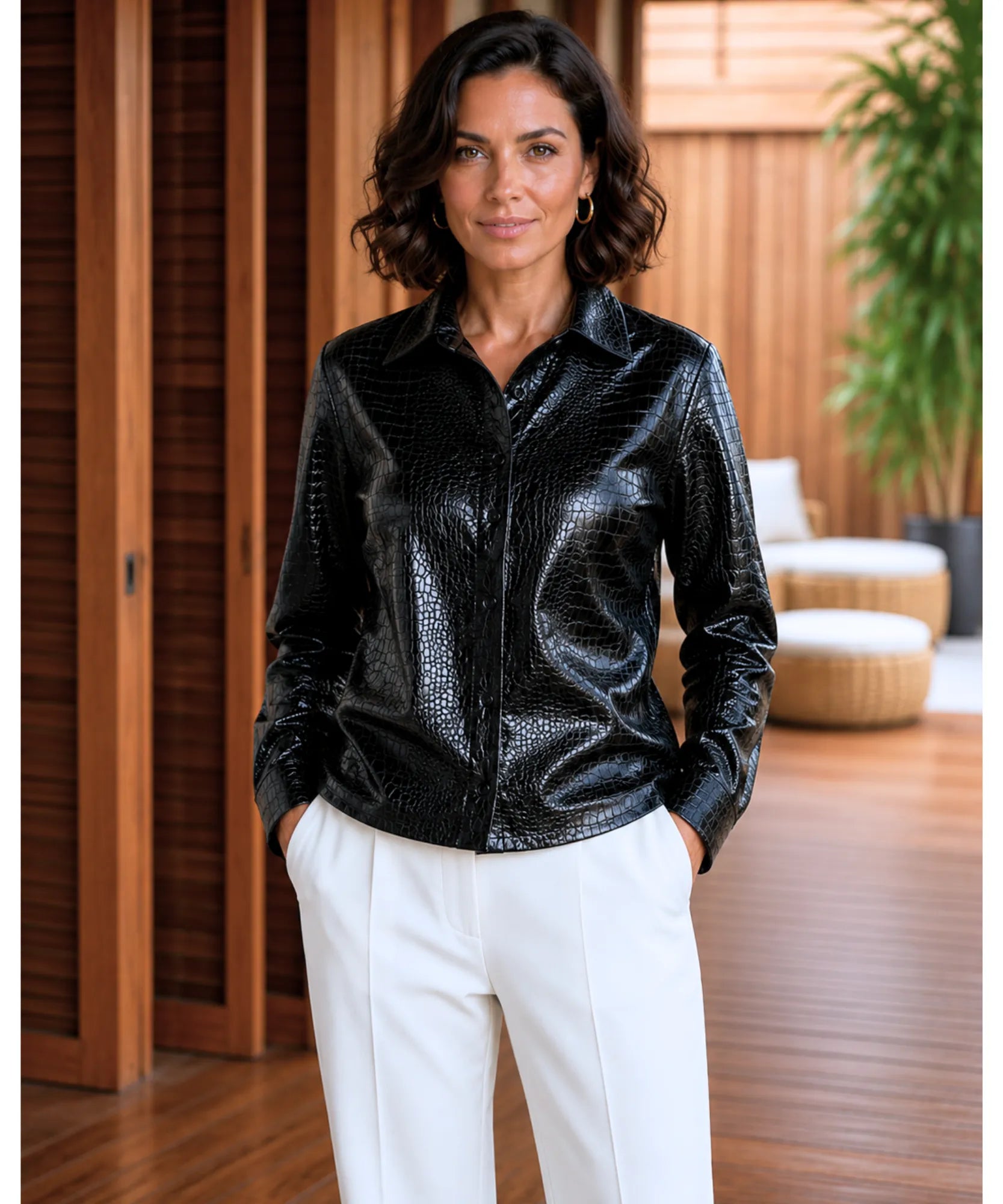 Comprar blusa social feminina couro ecológico textura croco manga longa estruturada elegante preta barato em promoção ANELLIMN