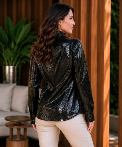 Comprar blusa social feminina couro ecológico textura croco manga longa estruturada elegante preta barato em promoção ANELLIMN