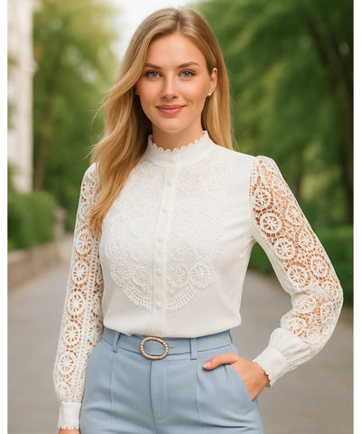 Comprar blusa social feminina delicada de renda branca manga longa elegante festa em promoção ZARA
