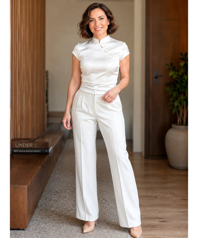 Blusa Social Feminina Gola Alta Cetim Manga Curta Assimetrica com Fechamento Cruzado para Trabalho e Eventos Elegantes