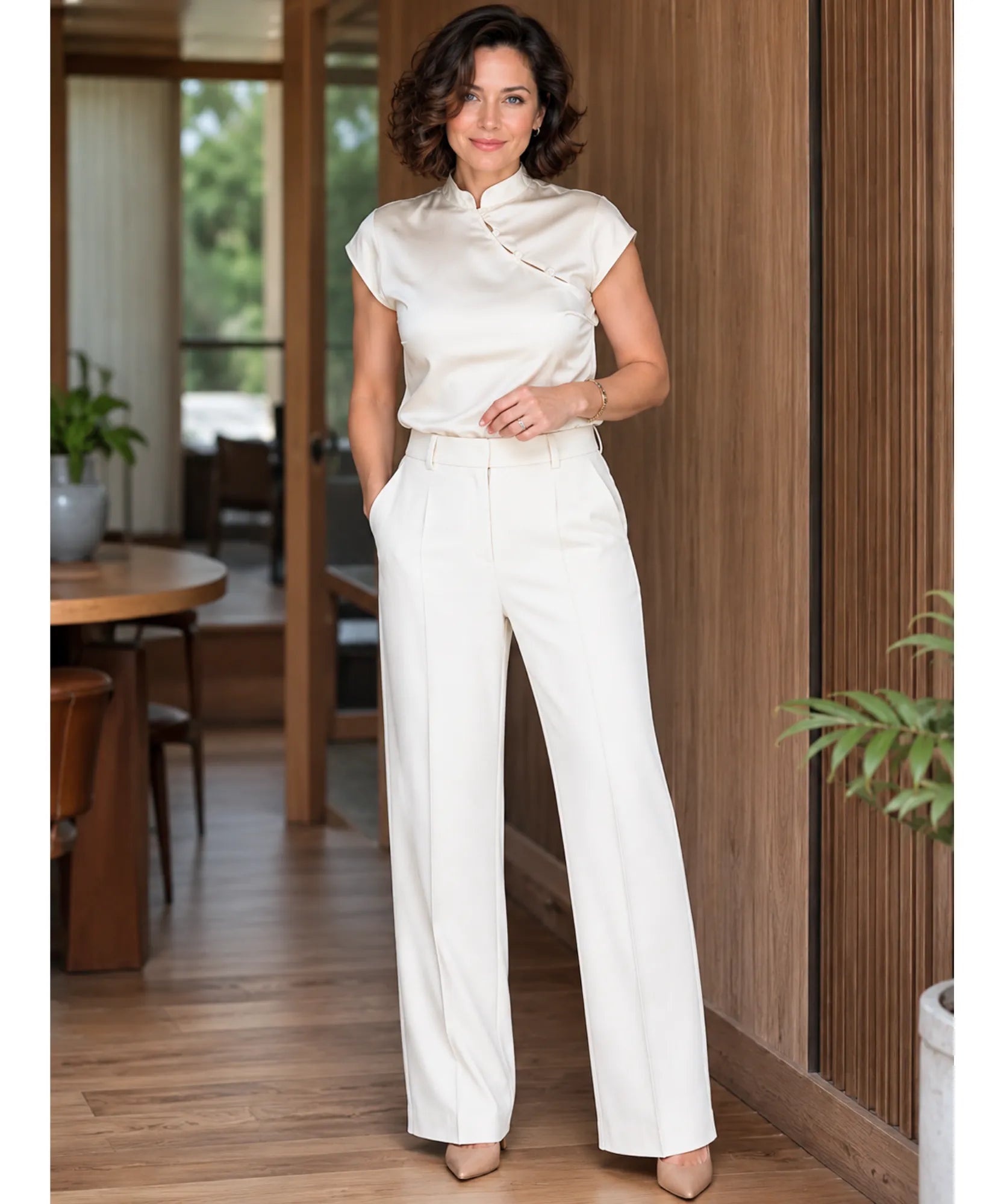 Blusa Social Feminina Gola Alta Cetim Manga Curta Assimetrica com Fechamento Cruzado para Trabalho e Eventos Elegantes