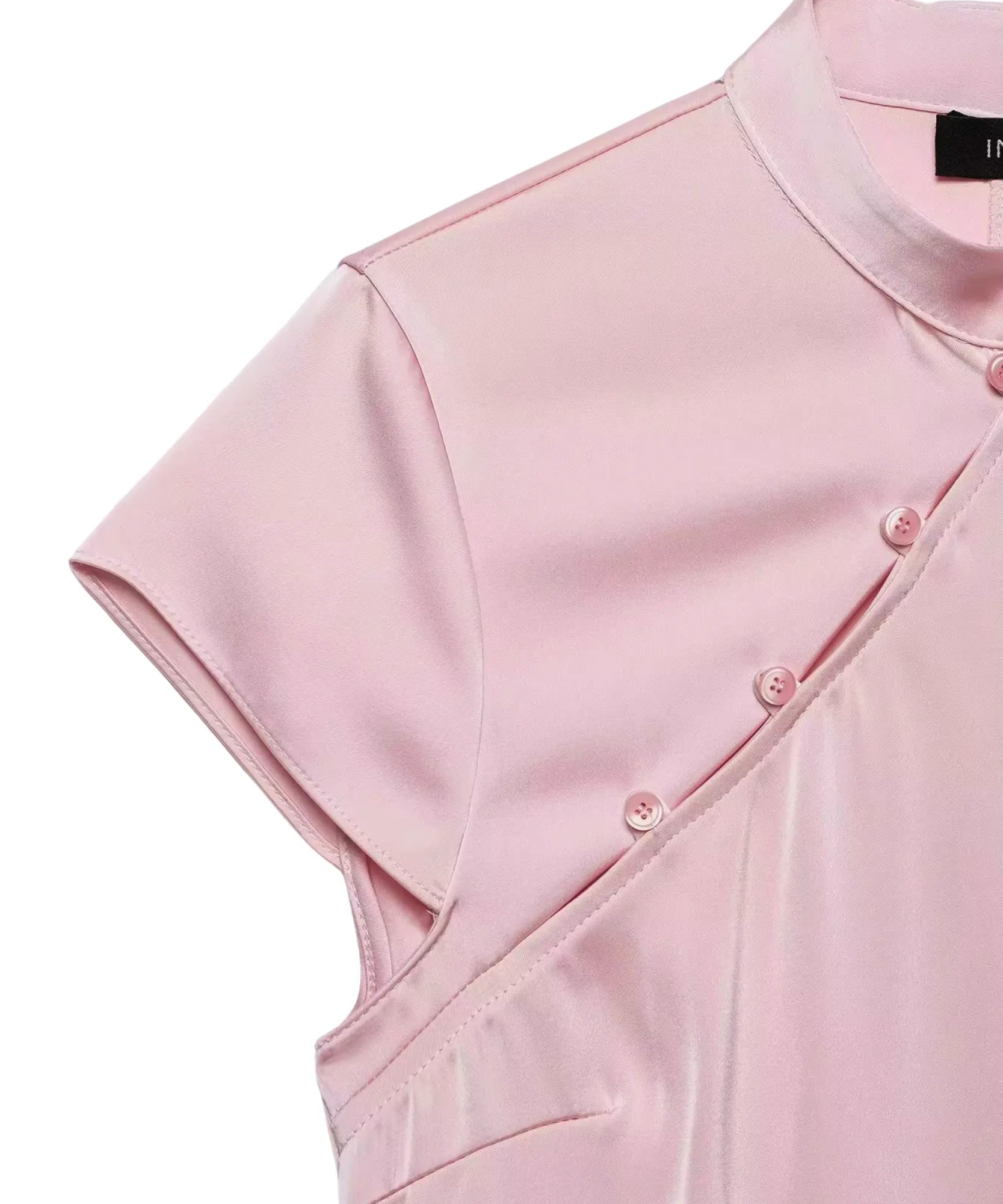 Blusa Social Feminina Gola Alta Cetim Manga Curta Assimetrica com Fechamento Cruzado para Trabalho e Eventos Elegantes