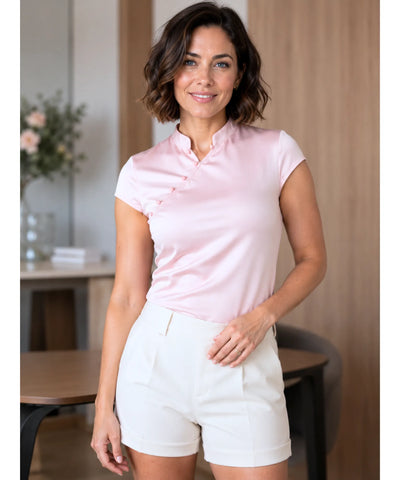 Blusa Social Feminina Gola Alta Cetim Manga Curta Assimetrica com Fechamento Cruzado para Trabalho e Eventos Elegantes