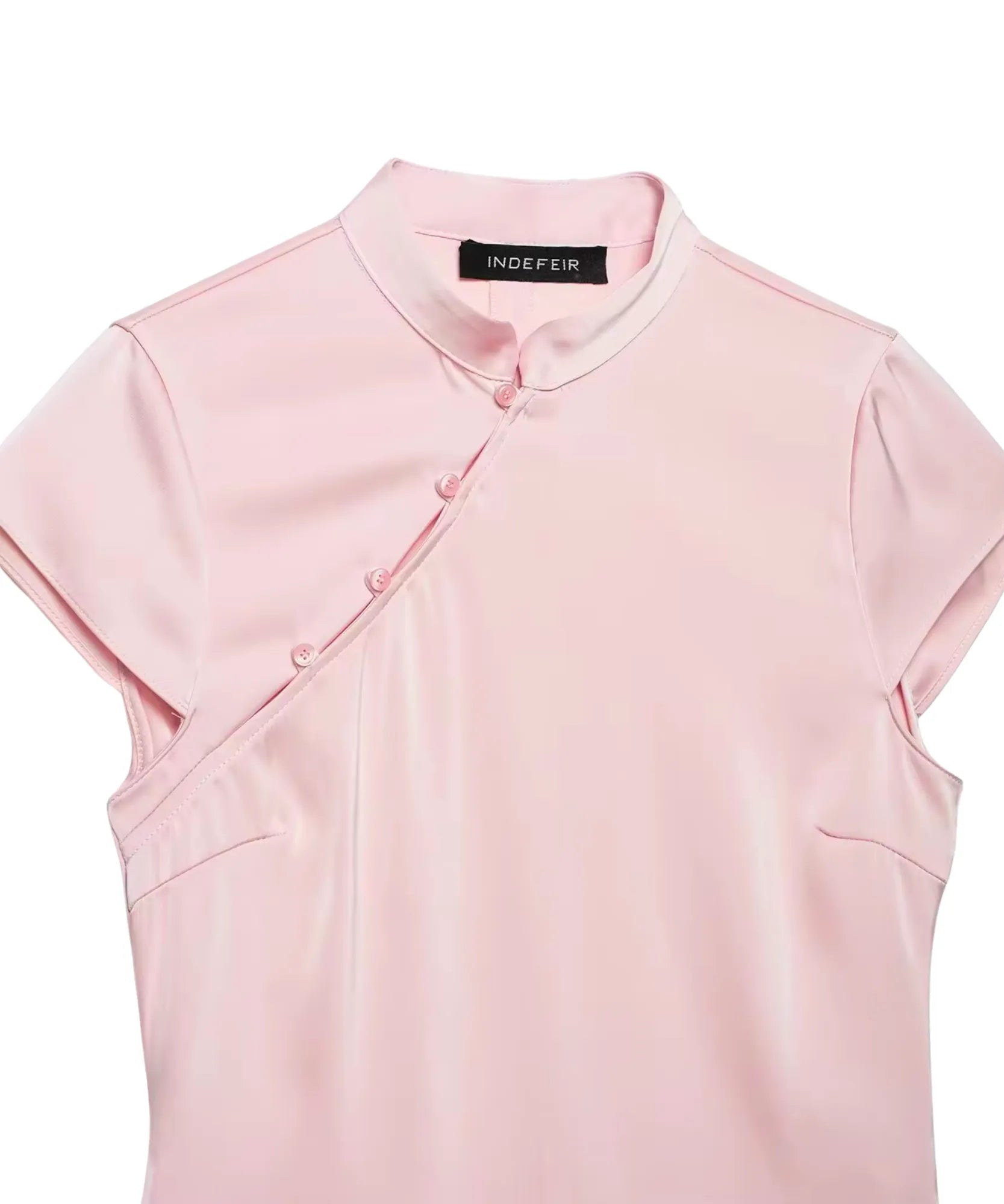 Blusa Social Feminina Gola Alta Cetim Manga Curta Assimetrica com Fechamento Cruzado para Trabalho e Eventos Elegantes